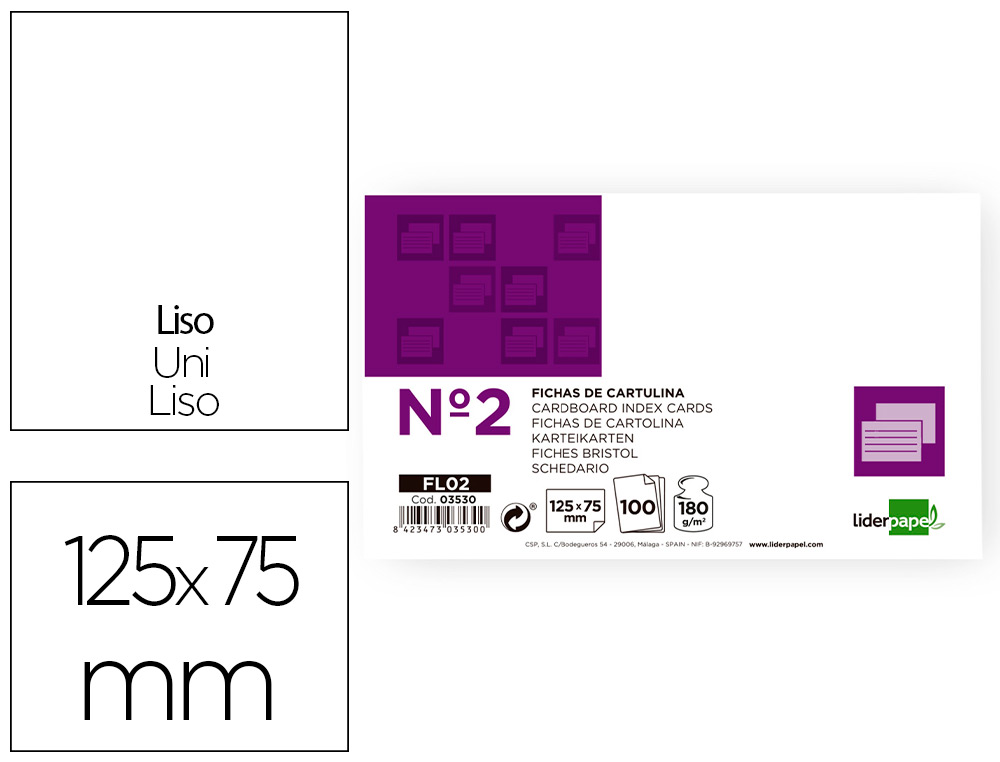 [3530] Ficha liderpapel lisa nº2 75 x 125mm paquete de 100 180g