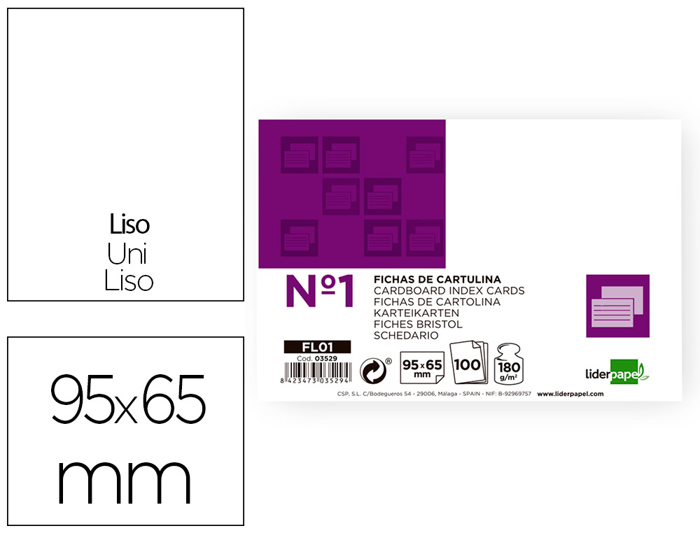 [3529] Ficha liderpapel lisa nº1 65x95mm paquete de 100 180g