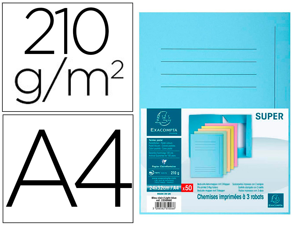 [159907] Subcarpeta cartulina con 3 solapas exacompta din a4 impresa azul claro 210 gr