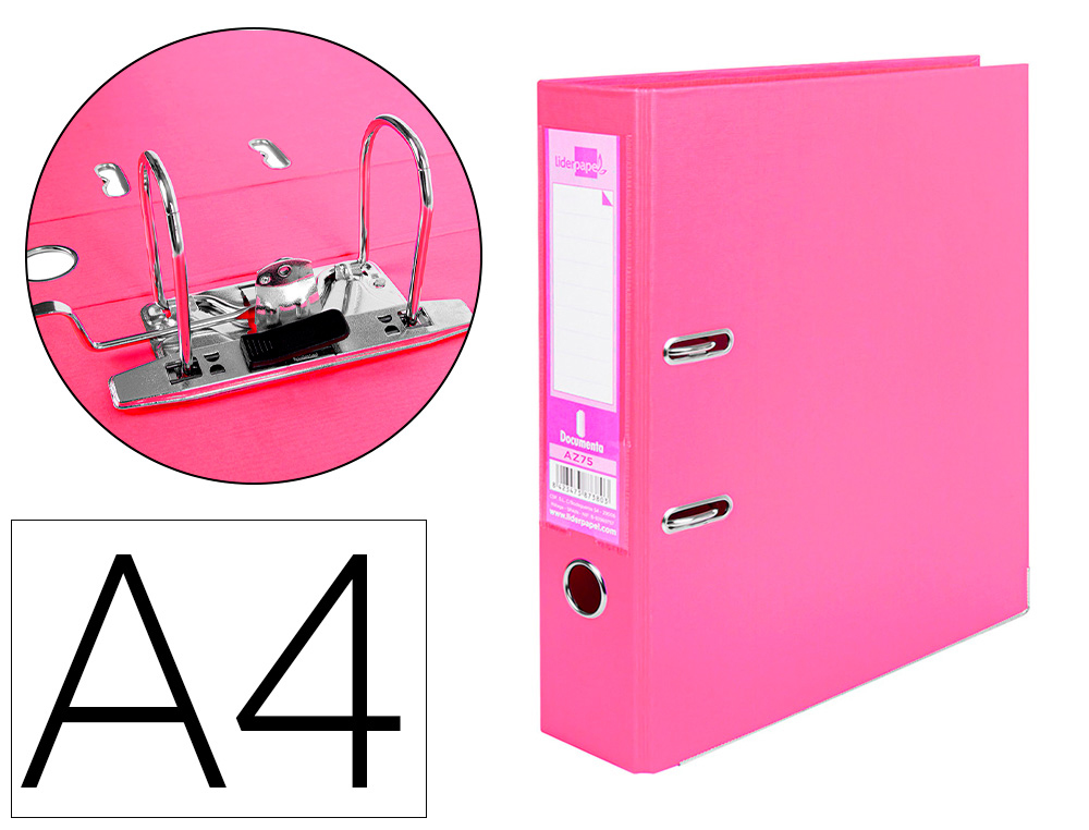 [79692] Archivador de palanca liderpapel a4 documenta forrado pvc con rado lomo 75 mm rosa compresor metalico