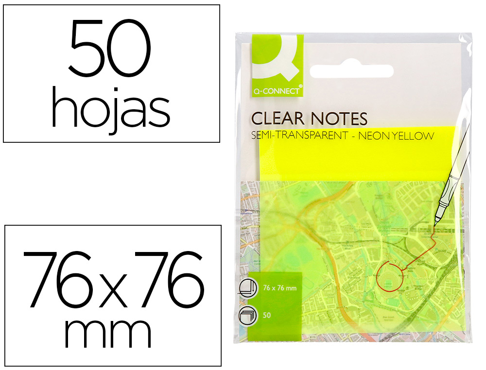 [166923] Bloc de notas adhesivas quita y pon q-connect 76x76 mm removible plastico translucido amarillo neon con 50 hojas