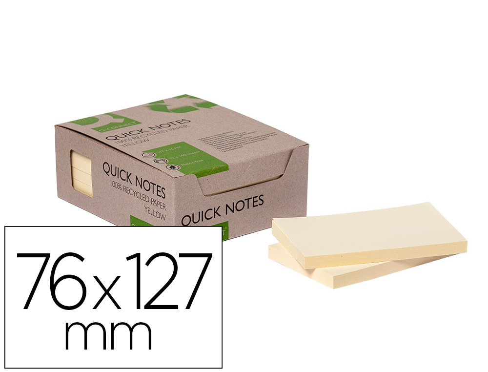 [166210] Bloc de notas adhesivas quita y pon q-connect 76x127 mm 100% papel reciclado amarillo en caja de carton