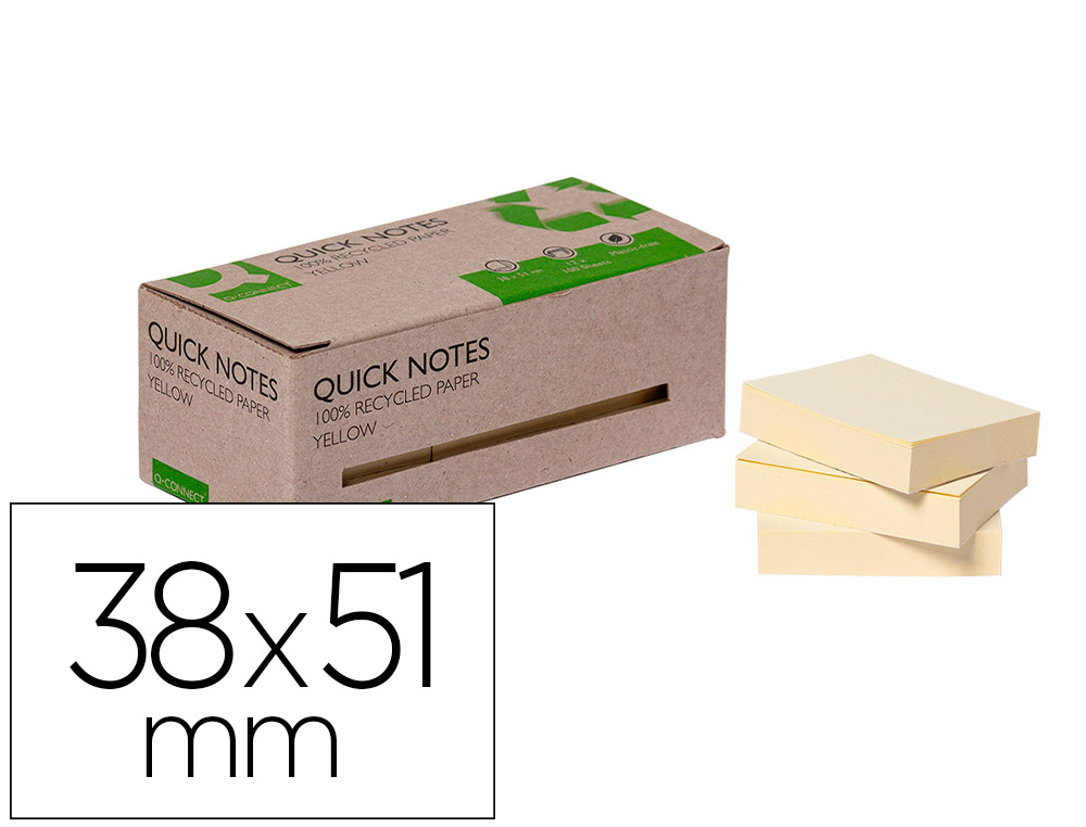 [166207] Bloc de notas adhesivas quita y pon q-connect 38x51 mm 100% papel reciclado amarillo en caja de carton