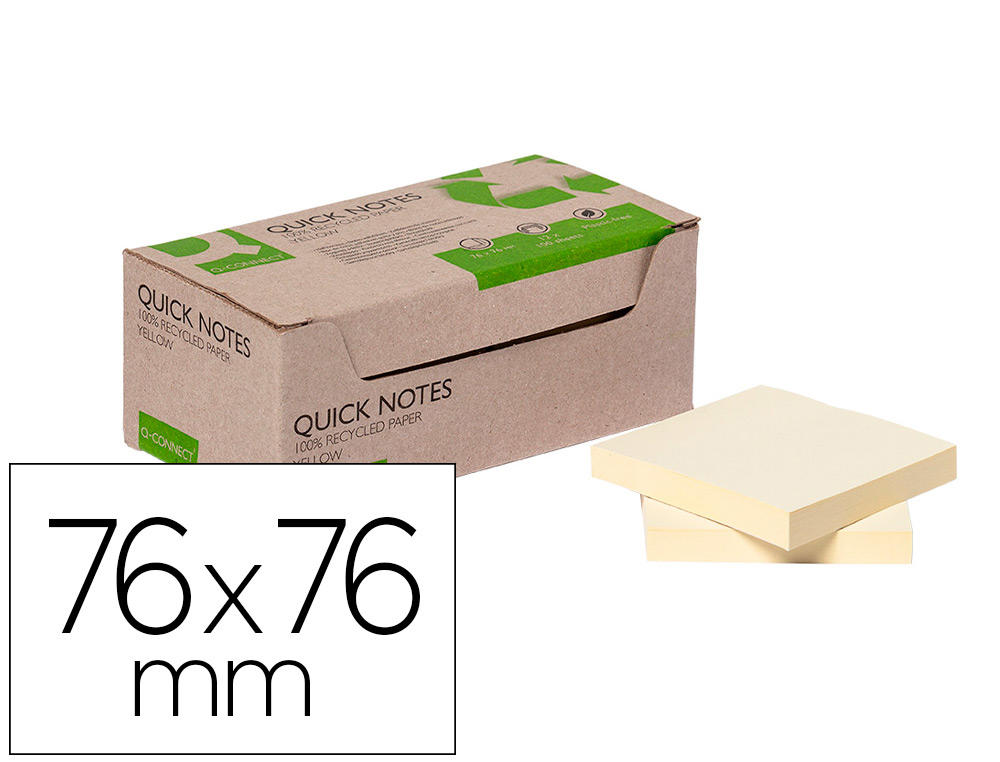 [166206] Bloc de notas adhesivas quita y pon q-connect 76x76 mm 100% papel reciclado amarillo en caja de carton