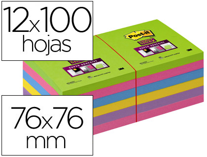 [74279] Bloc de notas adhesivas quita y pon post-it super stick ultra 76x76 mm pack de 12 bloc verde rosa amarilla