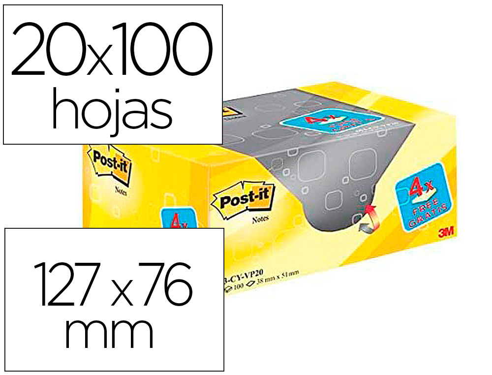 [63082] Bloc de notas adhesivas quita y pon post-it amarillo canario 76x127 mm pack promocional 16+4 gratis