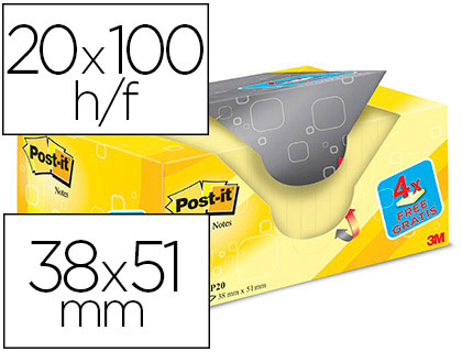 [63080] Bloc de notas adhesivas quita y pon post-it amarillo canario 38x51 mm pack promocional 16+4 gratis