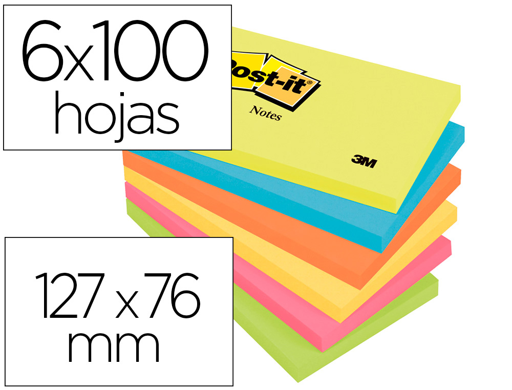 [29396] Bloc de notas adhesivas quita y pon post-it 76x127 mm neon pack de 6 blocs surtido