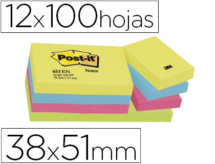 [29391] Bloc de notas adhesivas quita y pon post-it 38x51 mm neon pack de 12 blocs surtido