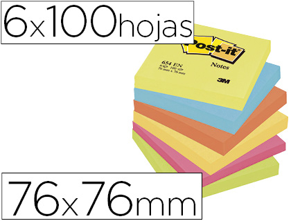 [29386] Bloc de notas adhesivas quita y pon post-it 76x76 mm neon pack de 6 blocs surtido