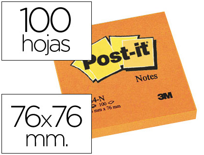 [27302] Bloc de notas adhesivas quita y pon post-it 76x76 mm naranja neon con 100 hojas