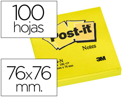 [27299] Bloc de notas adhesivas quita y pon post-it 76x76 mm amarillo neon con 100 hojas