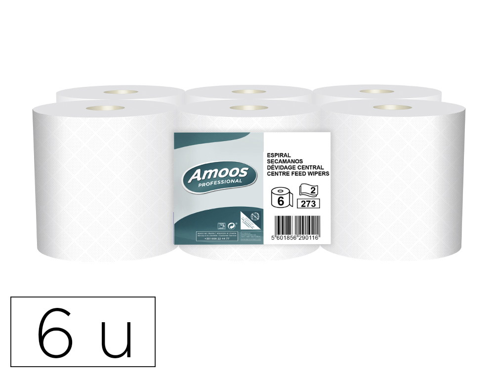 [171104] Papel secamanos amoos industrial 2 capas 32g/m2 blanco 90 mt paquete de 6 rollos