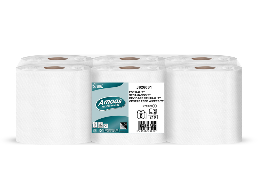 [171074] Papel secamanos amoos industrial 2 capas 32g/m2 celulosa blanco 60 mt paquete de 6 bobinas