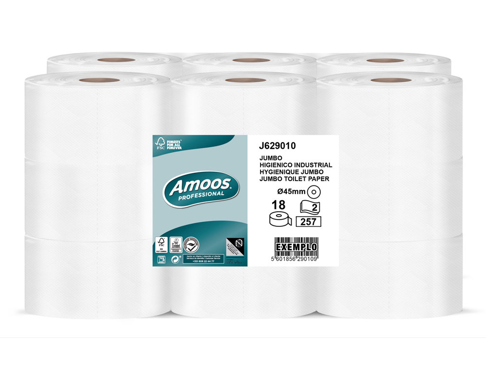 [171071] Papel higienico amoos jumbo industrial 2 capas 30g/m2 paquete de 18 rollos