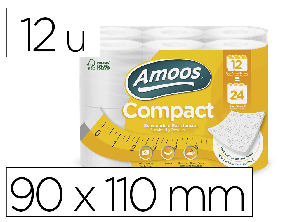 [171066] Papel higienico amoos 2 capas 110 mm diametro x 90 mm alto 30 gr/m2 paquete de 12 rollos