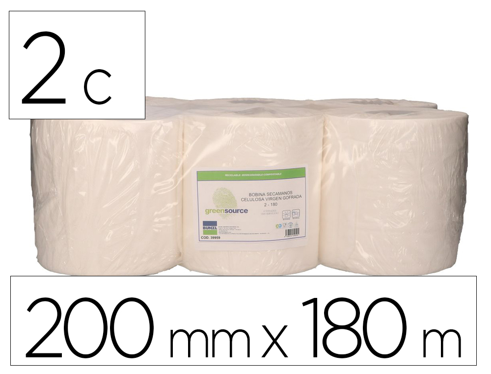 [167409] Papel secamanos bunzl greensource 2 capas celulosa blanca 200 mm x 180 mt paquete de 6 rollos