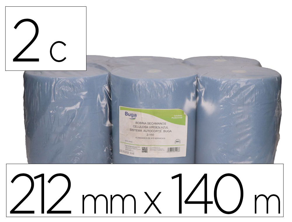 [167401] Papel secamanos bunzl 2 capas greensource celulosa reciclada azul 212mm x 140mt sistema autocorte paquete de 6 rollos