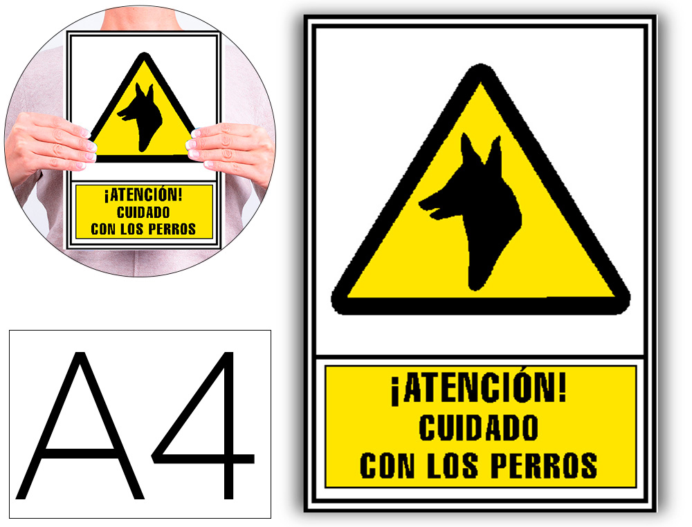 [160669] Pictograma archivo 2000 atencion cuidado con los perros pvc amarillo luminiscente 210x297 mm