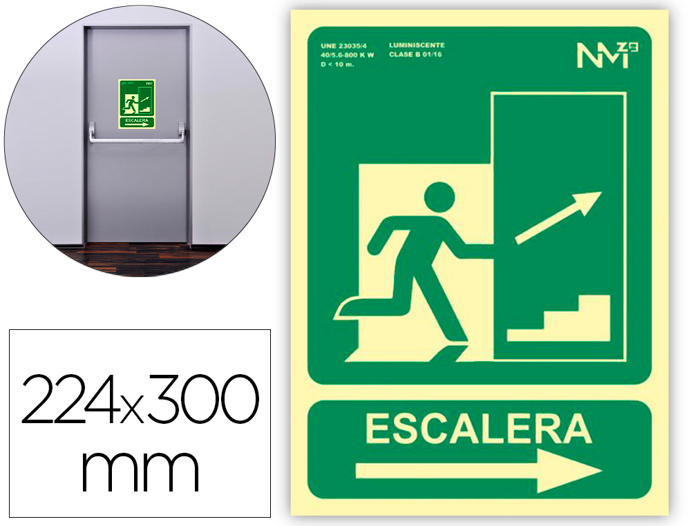 [160659] Pictograma archivo 2000 salida emergencia escalera sube derecha pvc verde luminiscente 224x300 mm