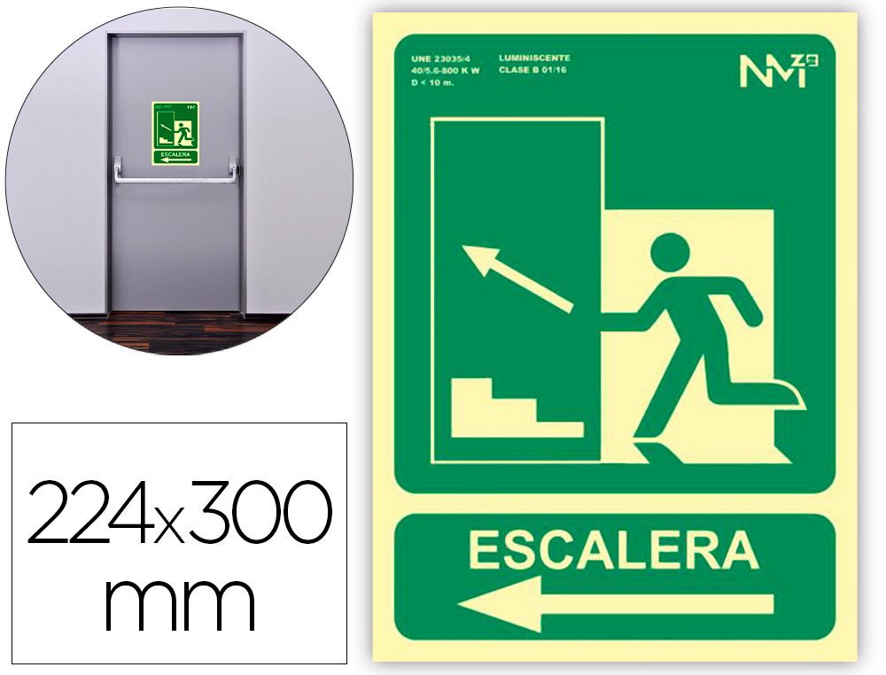 [160658] Pictograma archivo 2000 salida emergencia escalera sube izquierda pvc verde luminiscente 224x300 mm