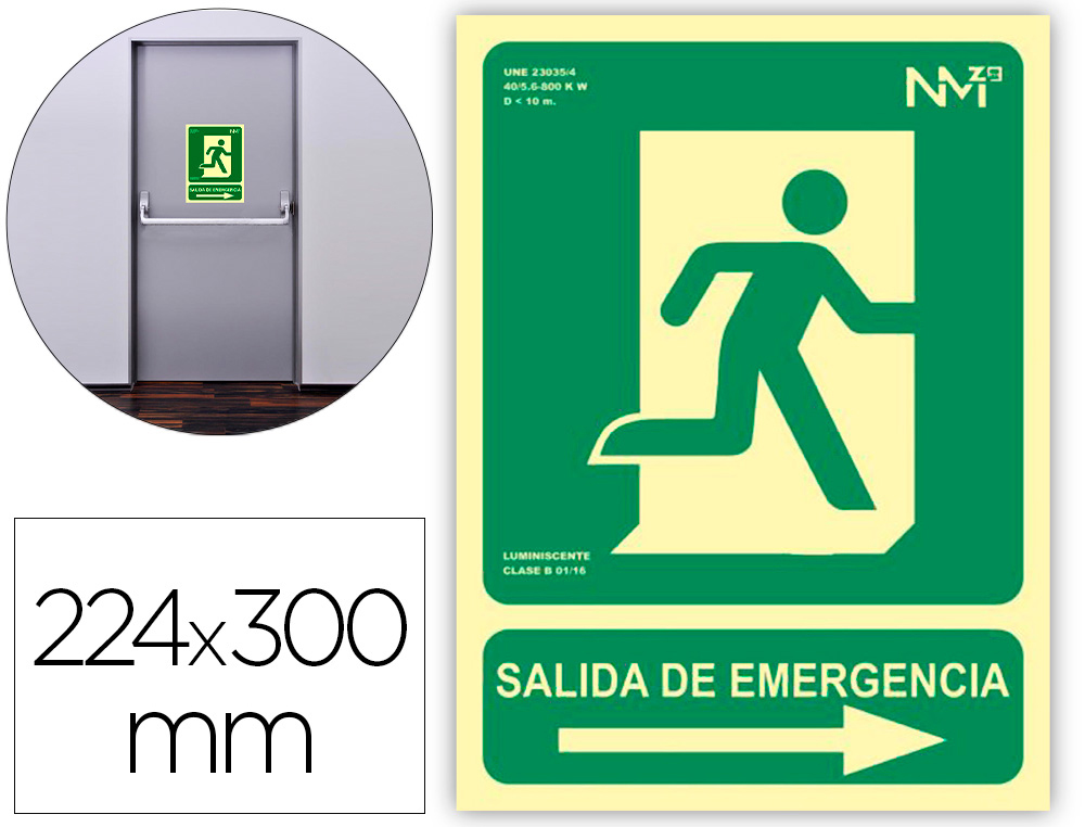 [160650] Pictograma archivo 2000 salida de emergencia derecha pvc verde luminiscente 224x300 mm