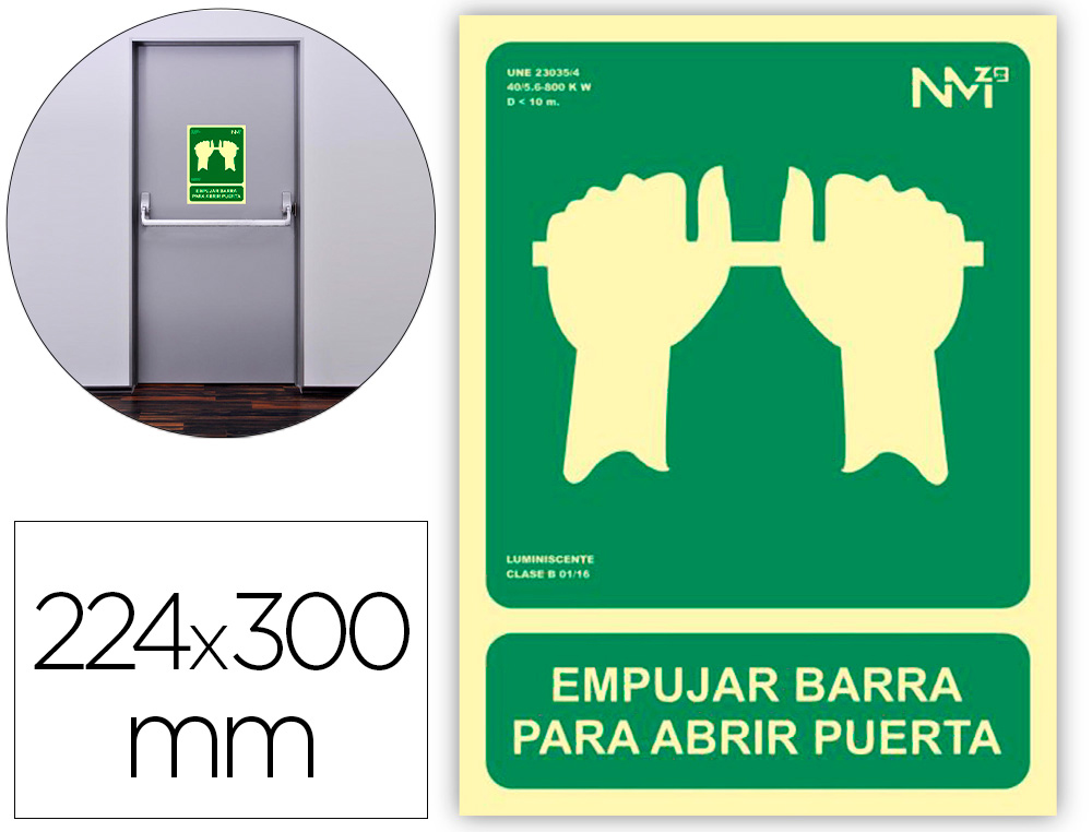 [160647] Pictograma archivo 2000 empujar barra para abrir puerta pvc verde luminiscente 224x300 mm