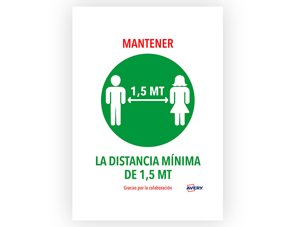 [159595] Señal adhesiva avery mantener distancia minina de 1,5 mt din a4 resistente a los rayos uv pack de 2 unidades