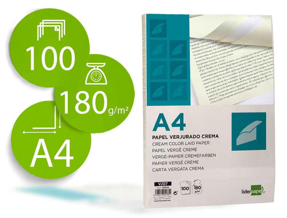 [163502] Papel verjurado liderpapel a4 180g/m2 crema paquete de 100 hojas