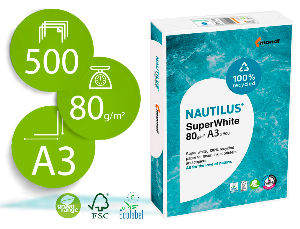 [152731] Papel fotocopiadora nautilus superwhite 100% reciclado din a3 80 gramos paquete de 500 hojas