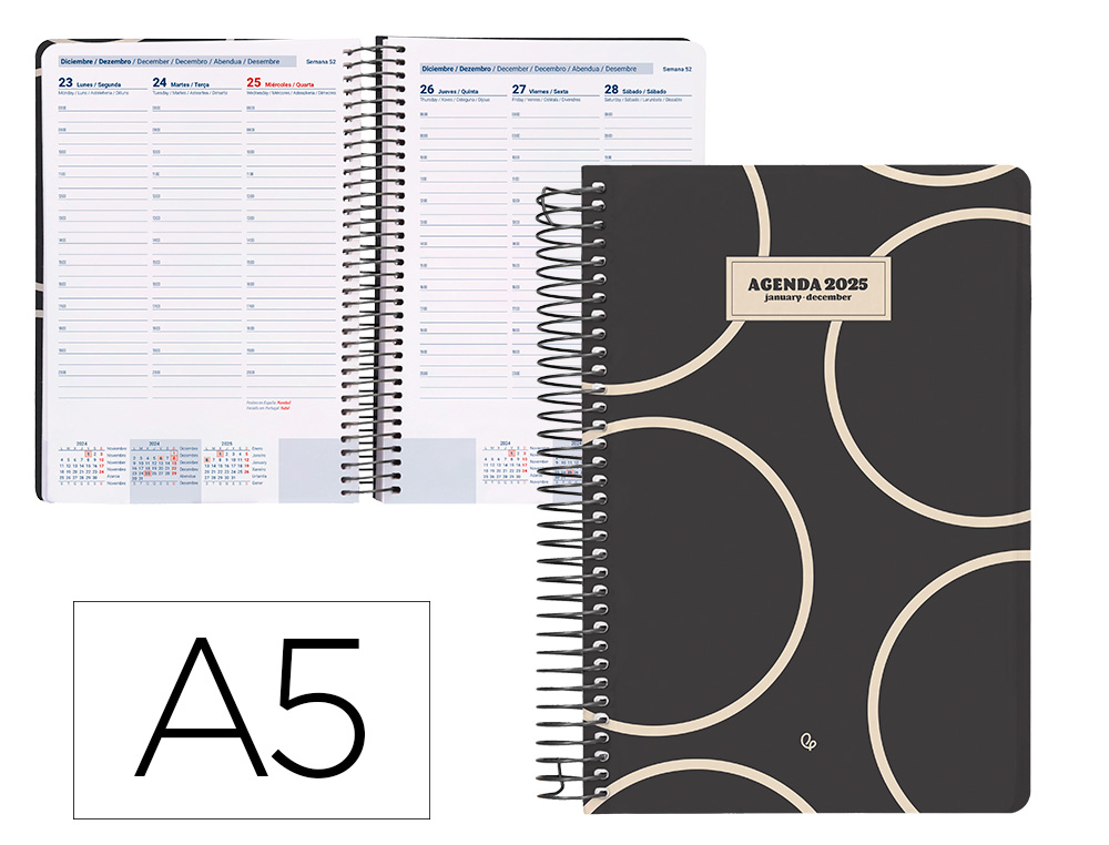 [170392] Agenda espiral liderpapel classic a5 2025 semana vista blanco y negro 2 papel 70 gr