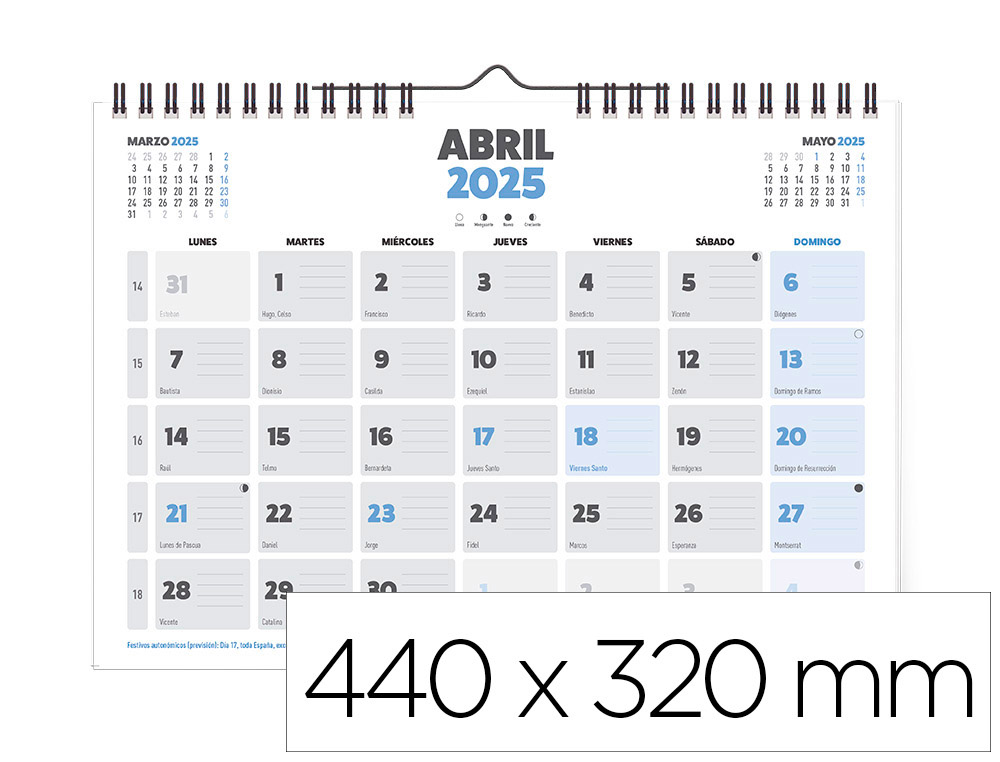 [170630] Calendario pared liderpapel clasico 2025 espiral 44x32 cm papel 128 gr