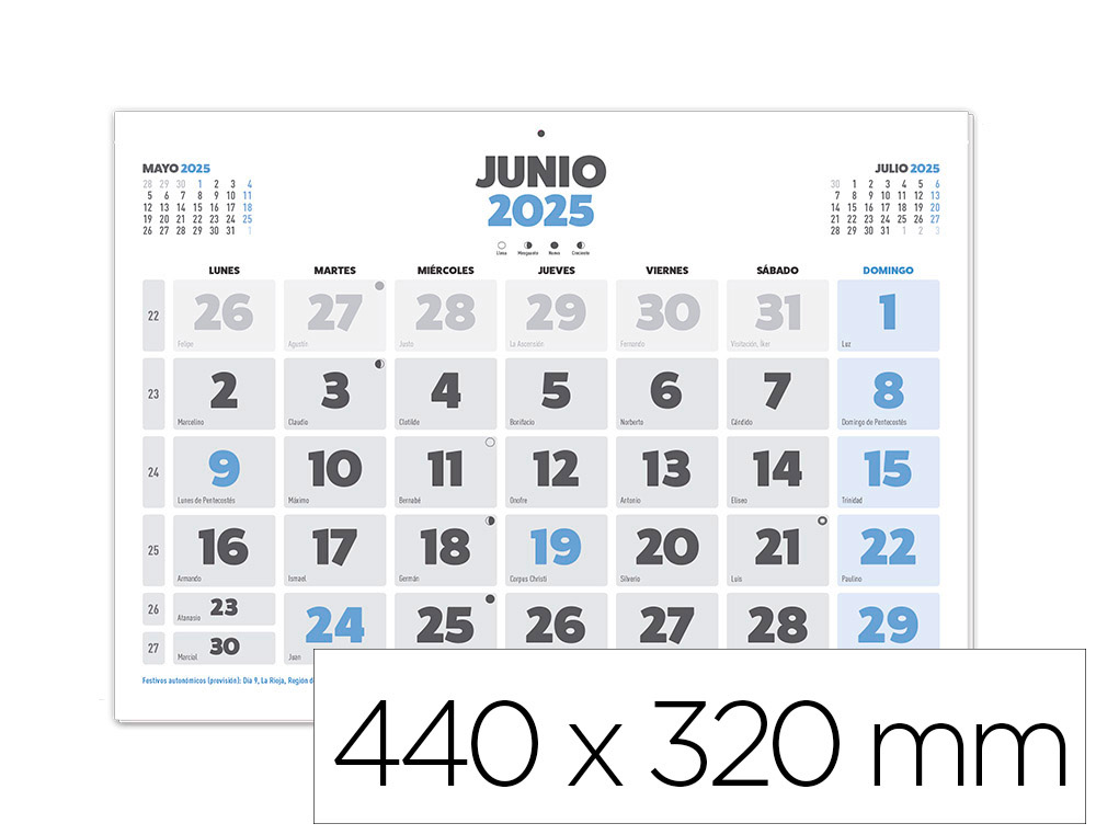 [170628] Calendario pared liderpapel clasico 2025 lomo engomado 44x32 cm papel 128 gr