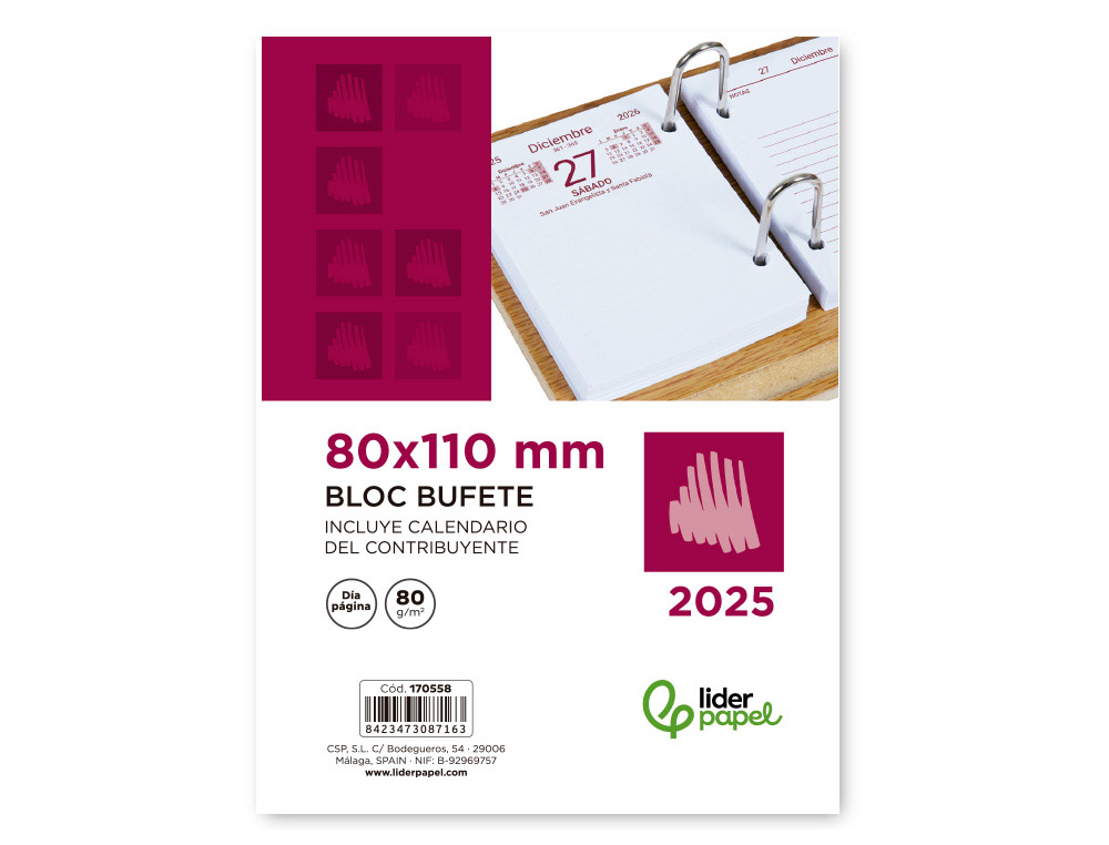 [170558] Bloc bufete liderpapel 2025 dia pagina 80x110 mm papel 80 gr