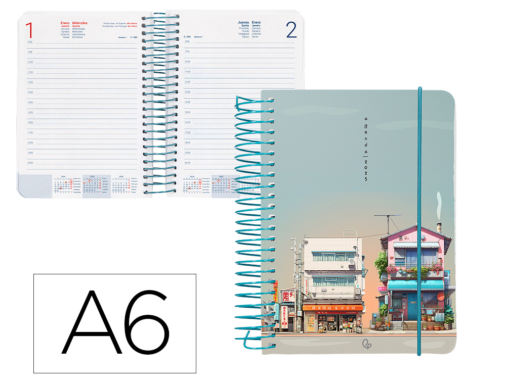 [170373] Agenda espiral liderpapel santorini a6 2025 dia pagina street view papel 60 gr