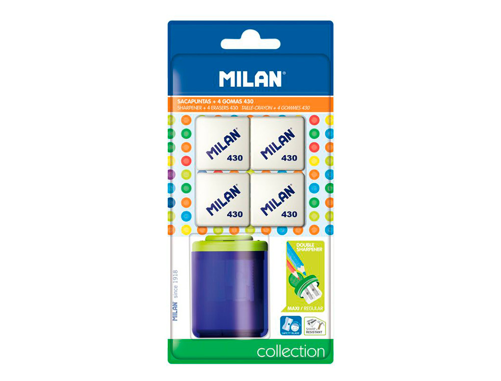 [161334] Sacapuntas milan collection plastico 2 usos + 4 gomas de borrar 430