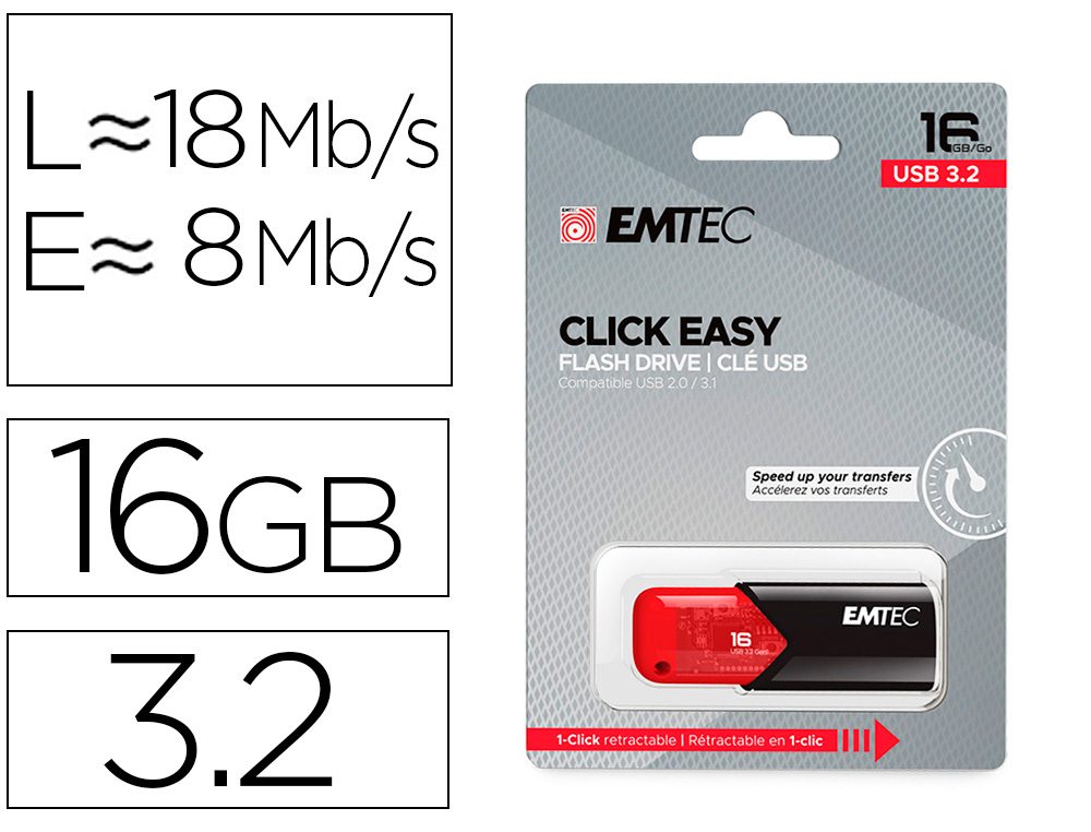 [166608] Memoria emtec usb 3.2 click easy 16 gb rojo