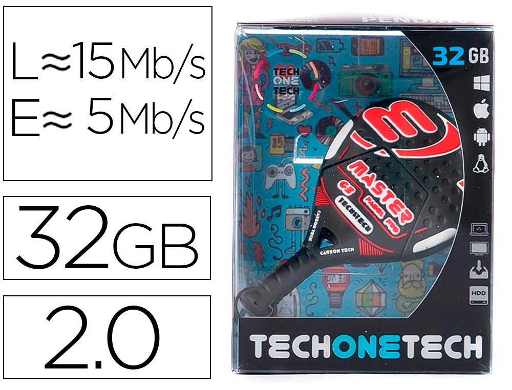 [161839] Memoria usb tech on tech raqueta padel roja 32 gb