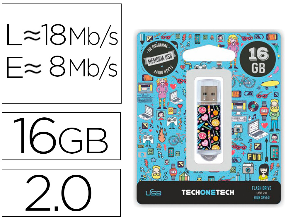 [155388] Memoria usb techonetech flash drive 16 gb 2.0 candy pop