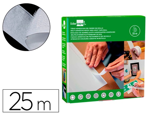 [168805] Cinta de cierre adhesiva liderpapel velcro blanco 20mm x 25m