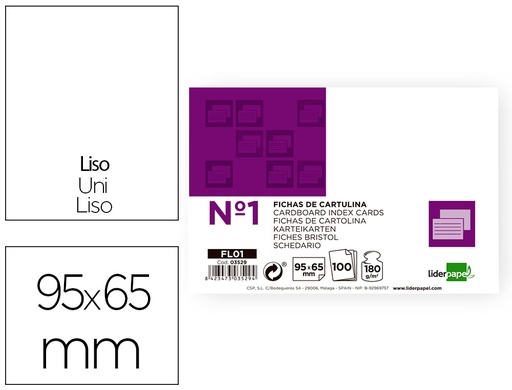 [3529] Ficha liderpapel lisa nº1 65x95mm paquete de 100 180g