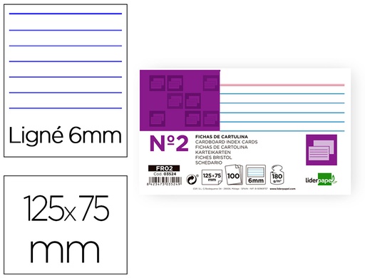 [3524] Ficha liderpapel rayada nº2 75x125 mm 180g/m2 paquete de 100 unidades