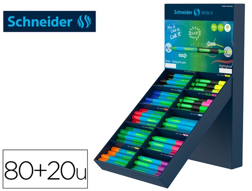 [162915] Boligrafo schneider slider caucho triangular 85% bioplastico exp. 80 unidades surtidas + 20 fluorescentes