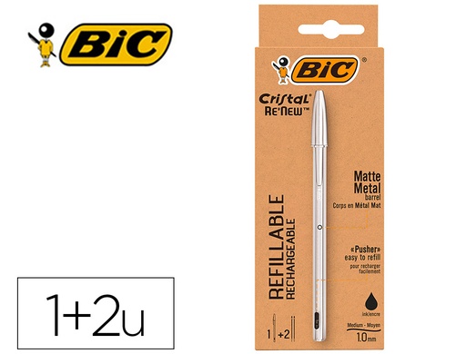 [162193] Boligrafo bic cristal renew cuerpo en aluminio mate tinta negro + 2 recambios en caja de carton