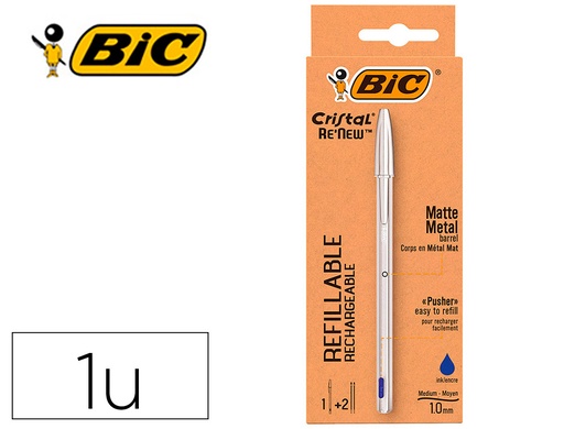 [162192] Boligrafo bic cristal renew cuerpo en aluminio mate tinta azul + 2 recambios en caja de carton