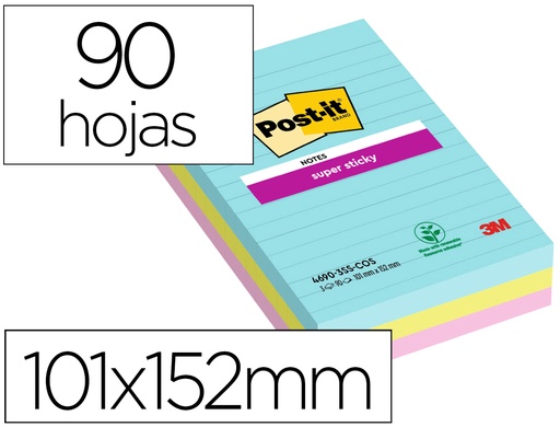 [167271] Bloc de notas adhesivas quita y pon post-it super sticky cosmic rayado 90 hojas 101x152 mm paquete de 3 unidades