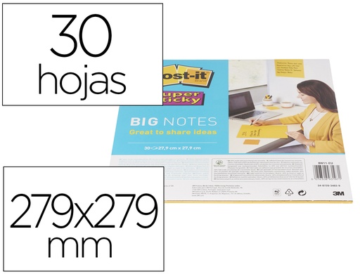 [167270] Bloc de notas adhesivas quita y pon post-it super sticky amarillo 30 hojas 279x279 mm