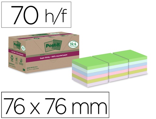 [167269] Bloc de notas adhesivas quita y pon post-it super sticky 76x76 mm 70 hojas recicladas paquete de 14 unidades