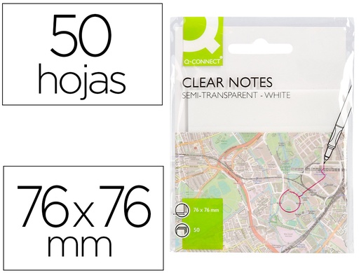 [166924] Bloc de notas adhesivas quita y pon q-connect 76x76 mm removible plastico translucido blanco 50 hojas