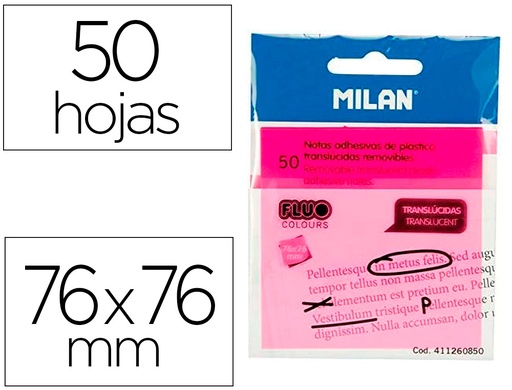 [166796] Bloc de notas adhesivas quita y pon milan 76x76 mm removible plastico translucido rosa fluor 50 hojas